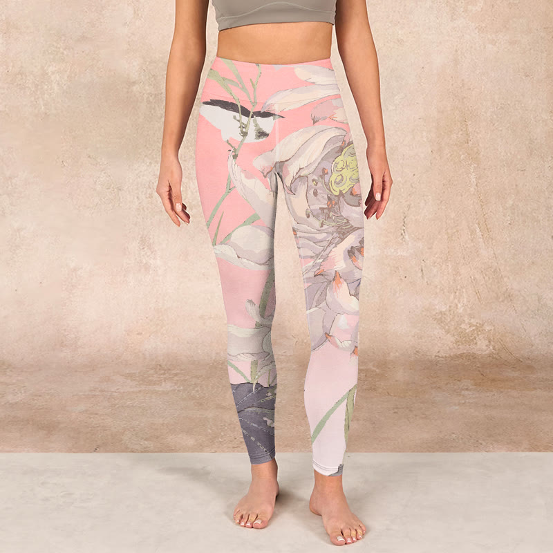 Buddha Stones Withered White Lotus Print Gym Leggings Women's Yoga Pants - image 1