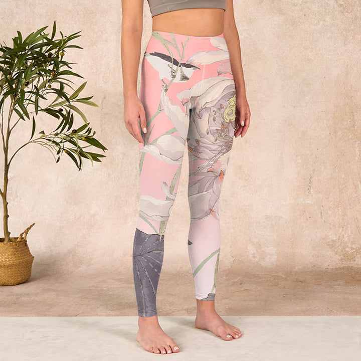 Buddha Stones Withered White Lotus Print Gym Leggings Women's Yoga Pants - image 3