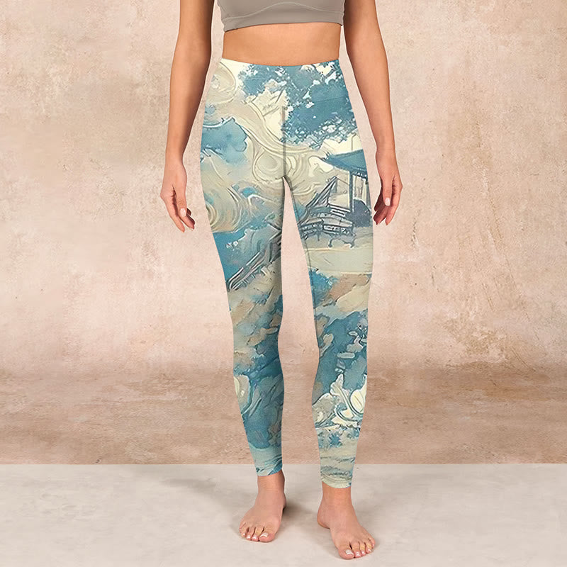 Buddha Stones Chinese Architecture Dark Sea Green Print Fitness Leggings Women's Yoga Pants - image 1