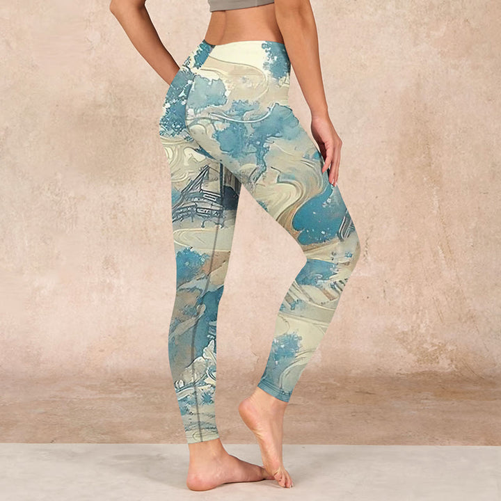 Buddha Stones Chinese Architecture Dark Sea Green Print Fitness Leggings Women's Yoga Pants - image 2