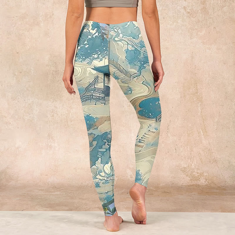 Buddha Stones Chinese Architecture Dark Sea Green Print Fitness Leggings Women's Yoga Pants - image 15