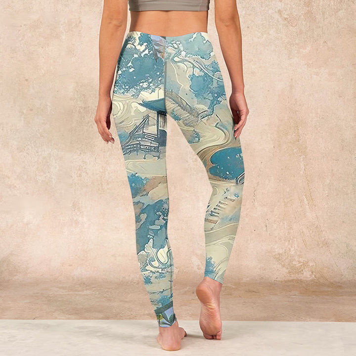 Buddha Stones Chinese Architecture Dark Sea Green Print Fitness Leggings Women's Yoga Pants - image 15