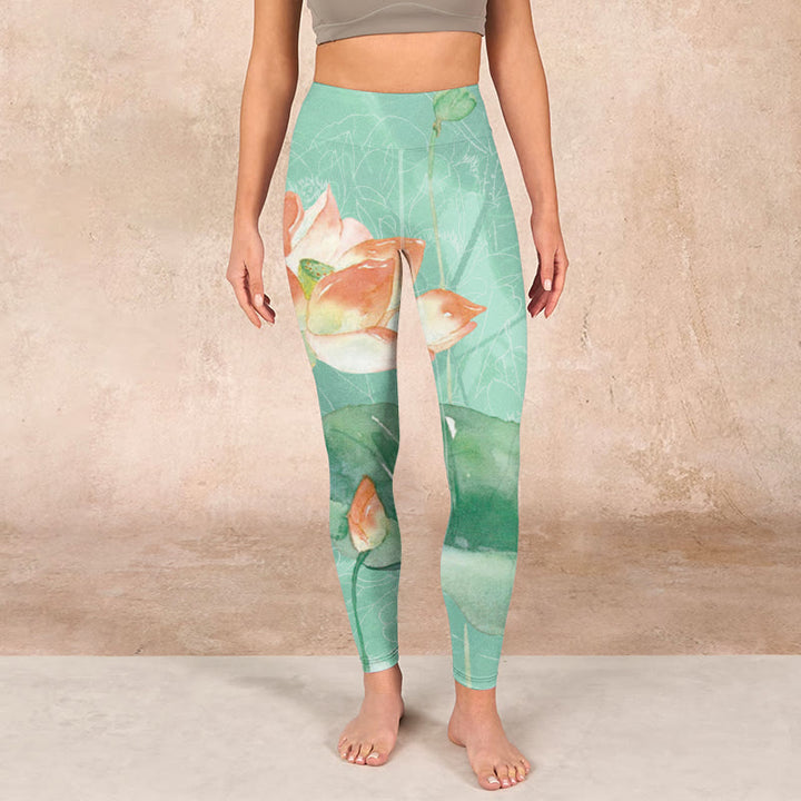 Buddha Stones Lotus Leaves Seed Pods Print Gym Leggings Women's Yoga Pants - image 1