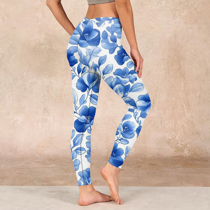 Buddha Stones Blue Flowers Print Fitness Leggings Women's Yoga Pants - image 2