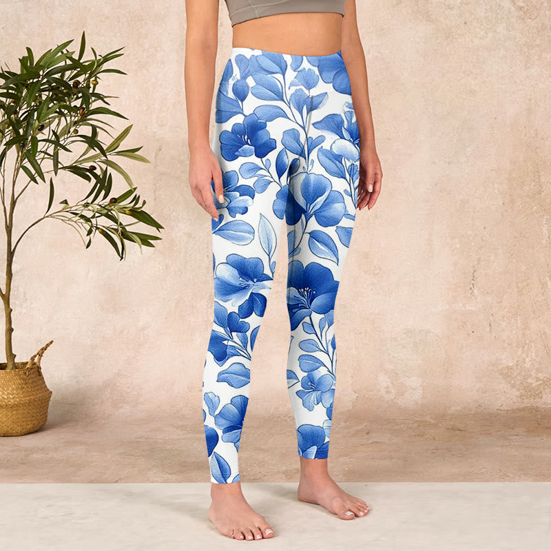 Buddha Stones Blue Flowers Print Fitness Leggings Women's Yoga Pants - image 3