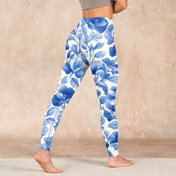 Buddha Stones Blue Flowers Print Fitness Leggings Women's Yoga Pants - image 4