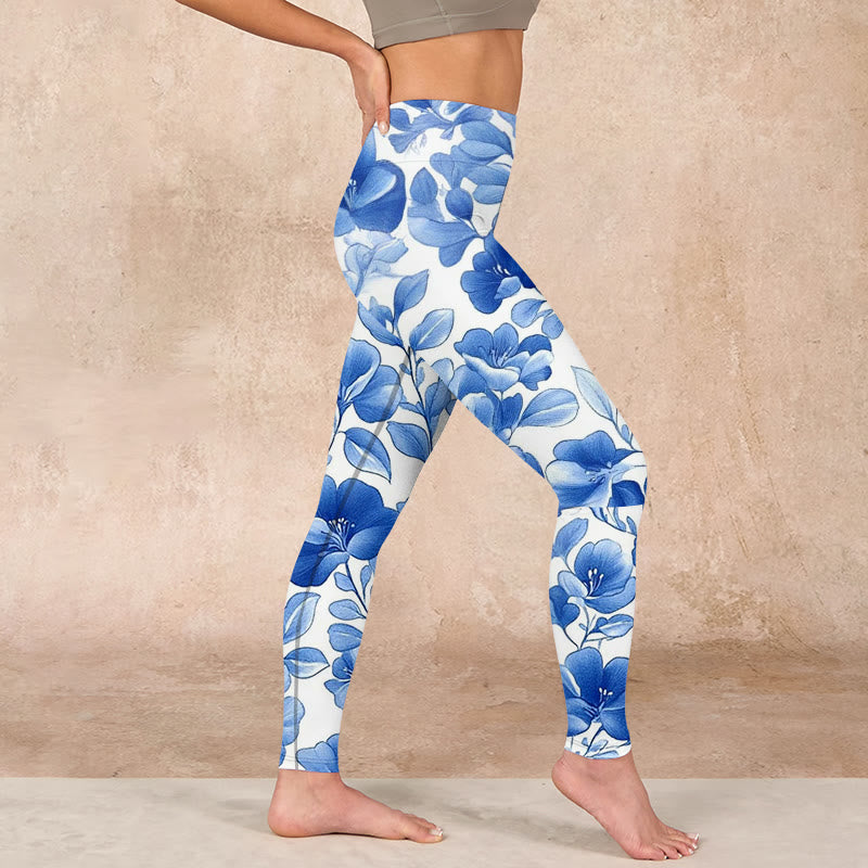 Buddha Stones Blue Flowers Print Fitness Leggings Women's Yoga Pants - image 16