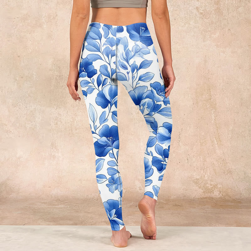Buddha Stones Blue Flowers Print Fitness Leggings Women's Yoga Pants - image 14
