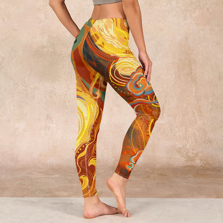 Buddha Stones Golden Auspicious Cloud Waves Print Gym Leggings Women's Yoga Pants - image 2