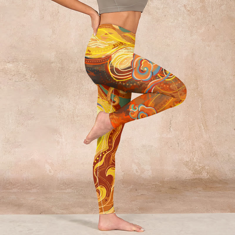 Buddha Stones Golden Auspicious Cloud Waves Print Gym Leggings Women's Yoga Pants - image 15