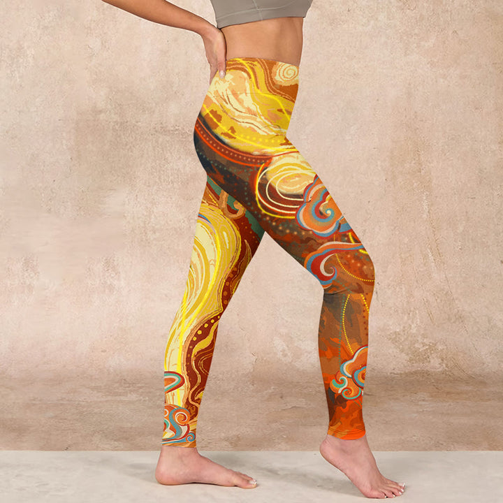 Buddha Stones Golden Auspicious Cloud Waves Print Gym Leggings Women's Yoga Pants - image 16