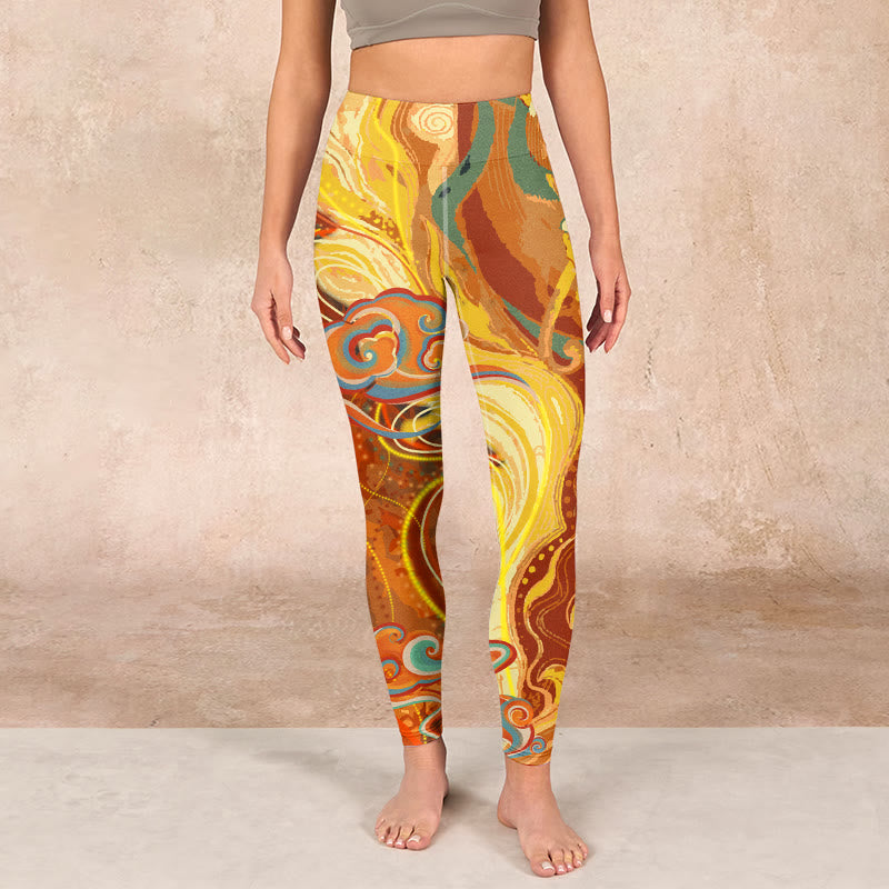 Buddha Stones Golden Auspicious Cloud Waves Print Gym Leggings Women's Yoga Pants - image 1