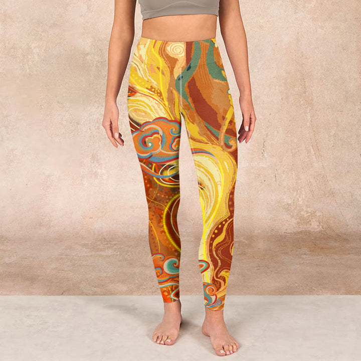 Buddha Stones Golden Auspicious Cloud Waves Print Gym Leggings Women's Yoga Pants - image 1