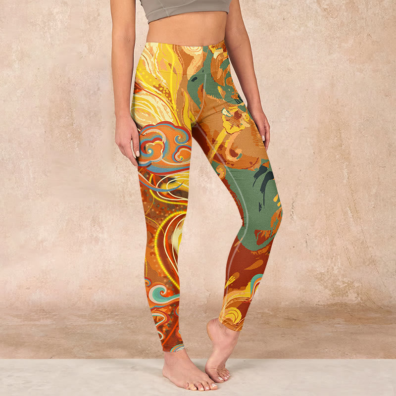 Buddha Stones Golden Auspicious Cloud Waves Print Gym Leggings Women's Yoga Pants - Gold - US18，UK/AU22，EU50 (4XL) - image 0