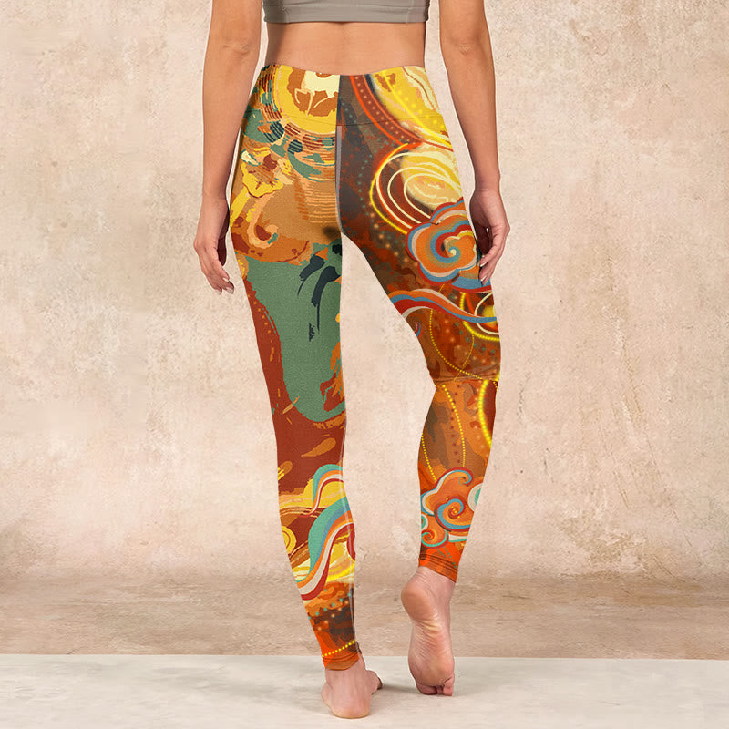Buddha Stones Golden Auspicious Cloud Waves Print Gym Leggings Women's Yoga Pants - image 14