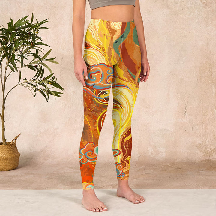 Buddha Stones Golden Auspicious Cloud Waves Print Gym Leggings Women's Yoga Pants - image 3