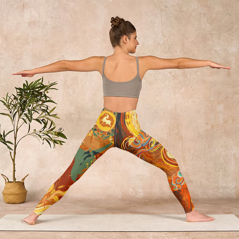 Buddha Stones Golden Auspicious Cloud Waves Print Gym Leggings Women's Yoga Pants - image 10