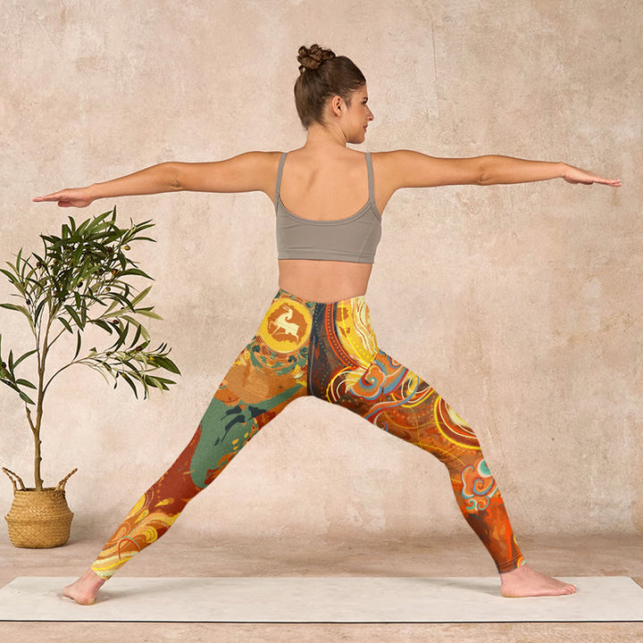 Buddha Stones Golden Auspicious Cloud Waves Print Gym Leggings Women's Yoga Pants - image 10