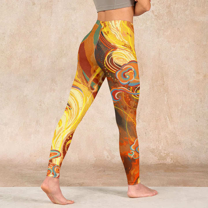 Buddha Stones Golden Auspicious Cloud Waves Print Gym Leggings Women's Yoga Pants - image 4