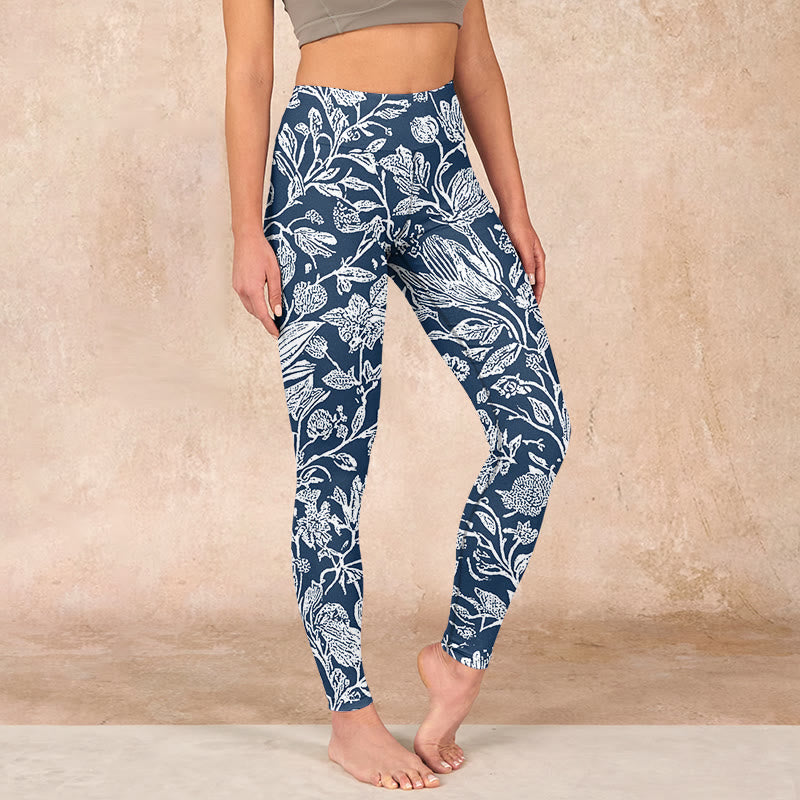 Buddha Stones Dark Blue Flower Print Fitness Leggings Women's Yoga Pants - SteelBlue - US18，UK/AU22，EU50 (4XL) - image 0