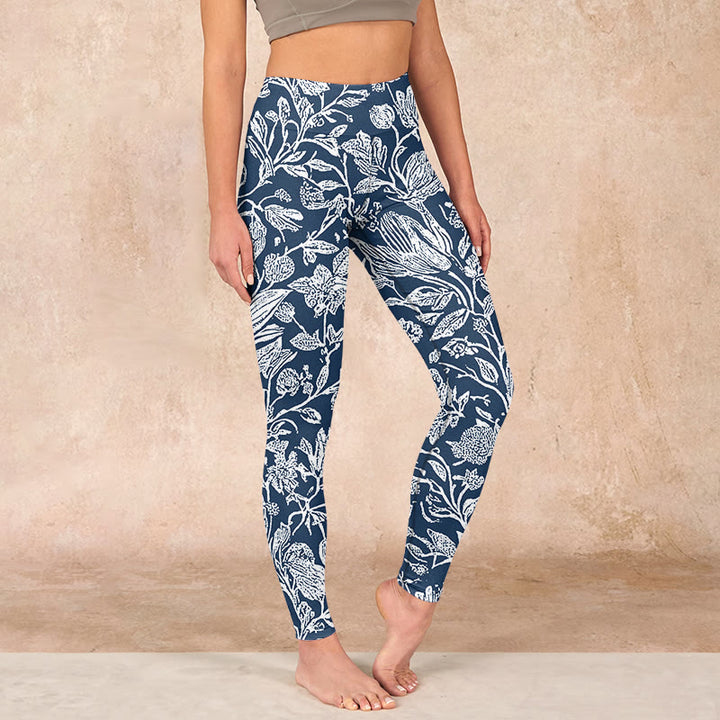 Buddha Stones Dark Blue Flower Print Fitness Leggings Women's Yoga Pants - SteelBlue - US18，UK/AU22，EU50 (4XL) - image 0