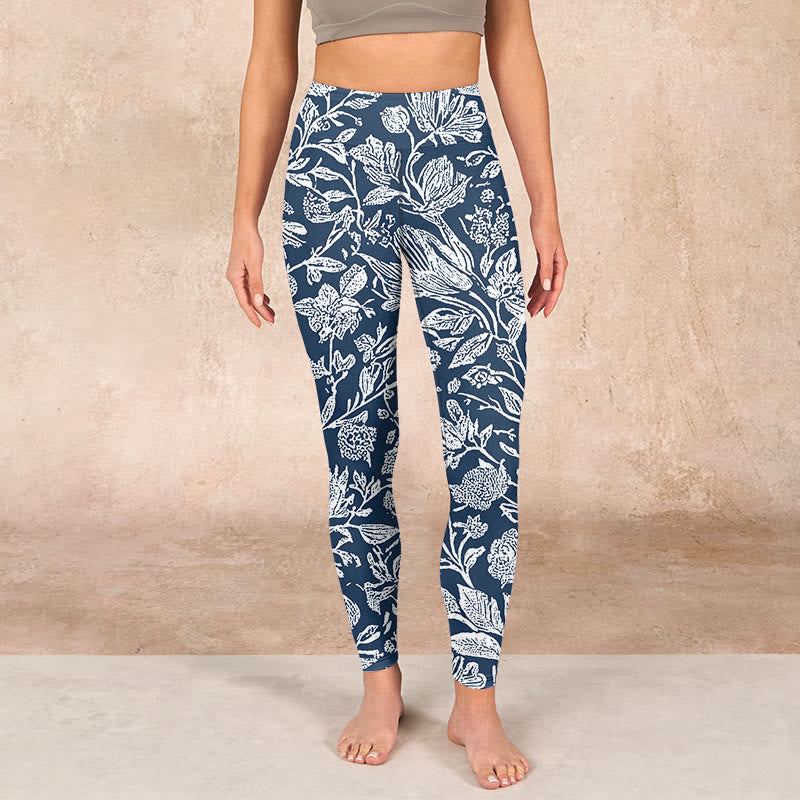 Buddha Stones Dark Blue Flower Print Fitness Leggings Women's Yoga Pants - image 1