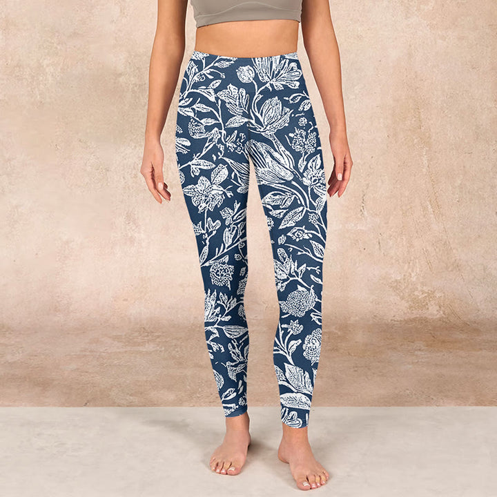 Buddha Stones Dark Blue Flower Print Fitness Leggings Women's Yoga Pants - image 1
