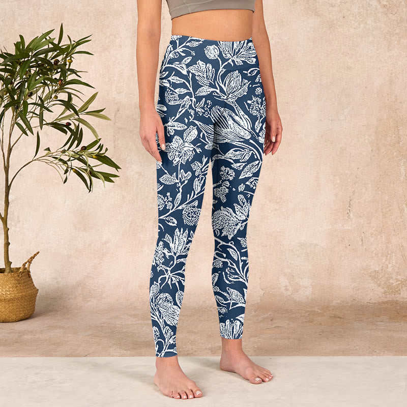 Buddha Stones Dark Blue Flower Print Fitness Leggings Women's Yoga Pants - image 3
