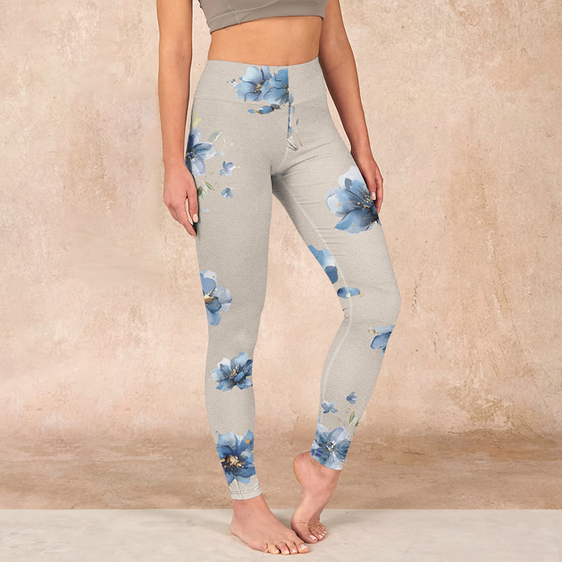 Buddha Stones Dark Blue Flower Gym Leggings Women's Yoga Pants - Wheat - US18，UK/AU22，EU50 (4XL) - image 0