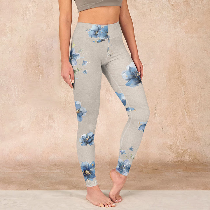 Buddha Stones Dark Blue Flower Gym Leggings Women's Yoga Pants - Wheat - US18，UK/AU22，EU50 (4XL) - image 0
