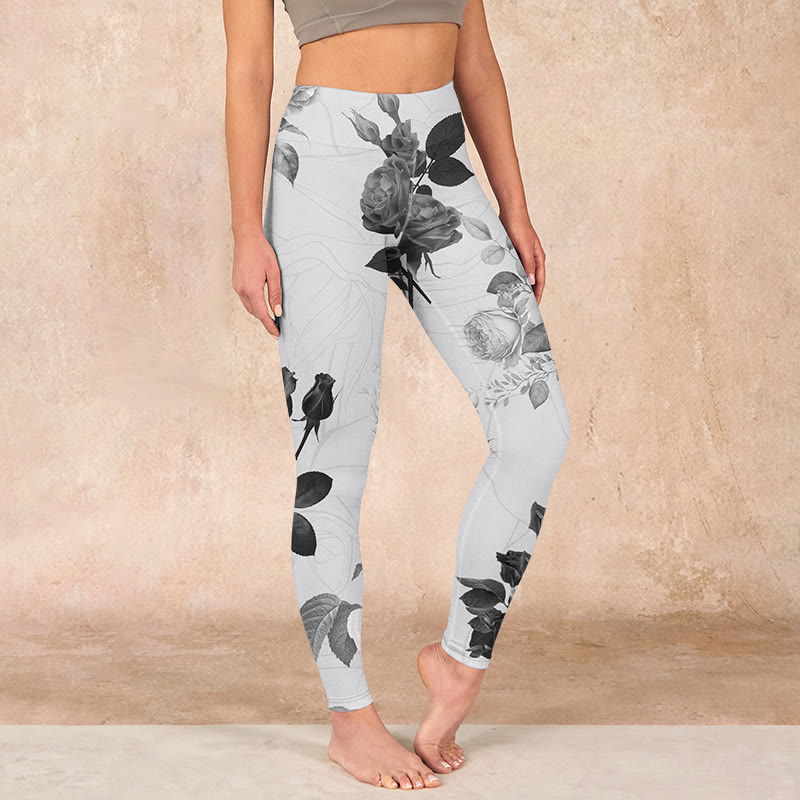 Buddha Stones Black White Rose Gym Leggings Women's Yoga Pants - White - US18，UK/AU22，EU50 (4XL) - image 0