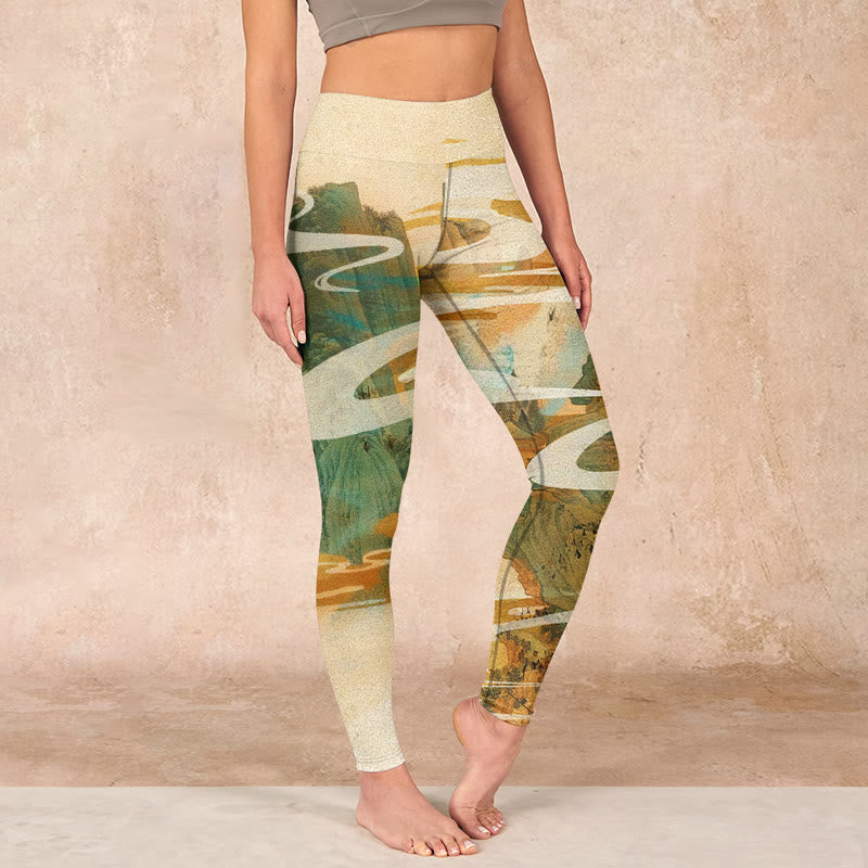 Buddha Stones Green Mountains Clouds Mist Print Fitness Leggings Women's Yoga Pants - LemonChiffon - US18，UK/AU22，EU50 (4XL) - image 0