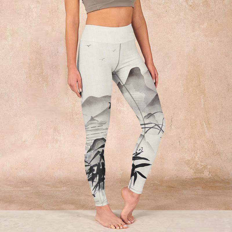 Buddha Stones Ink Bamboo Mountains Print Gym Leggings Women's Yoga Pants - Ivory - US18，UK/AU22，EU50 (4XL) - image 0