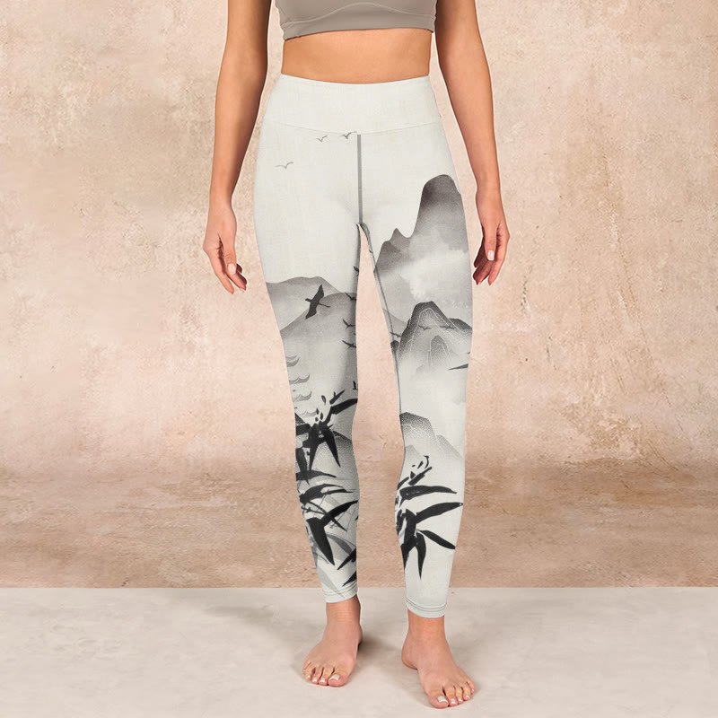 Buddha Stones Ink Bamboo Mountains Print Gym Leggings Women's Yoga Pants - image 1