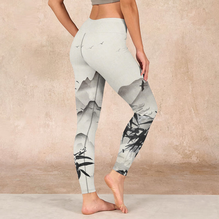 Buddha Stones Ink Bamboo Mountains Print Gym Leggings Women's Yoga Pants - image 2