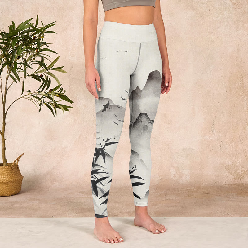 Buddha Stones Ink Bamboo Mountains Print Gym Leggings Women's Yoga Pants - image 3