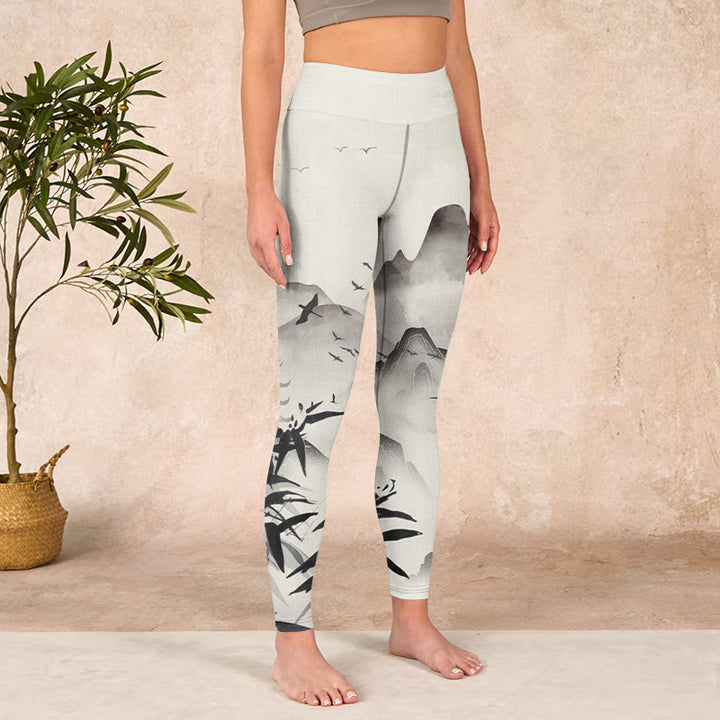 Buddha Stones Ink Bamboo Mountains Print Gym Leggings Women's Yoga Pants - image 3