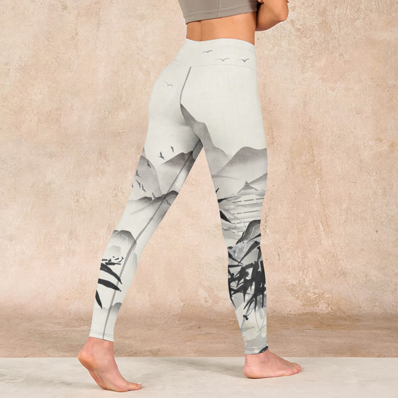 Buddha Stones Ink Bamboo Mountains Print Gym Leggings Women's Yoga Pants - image 4