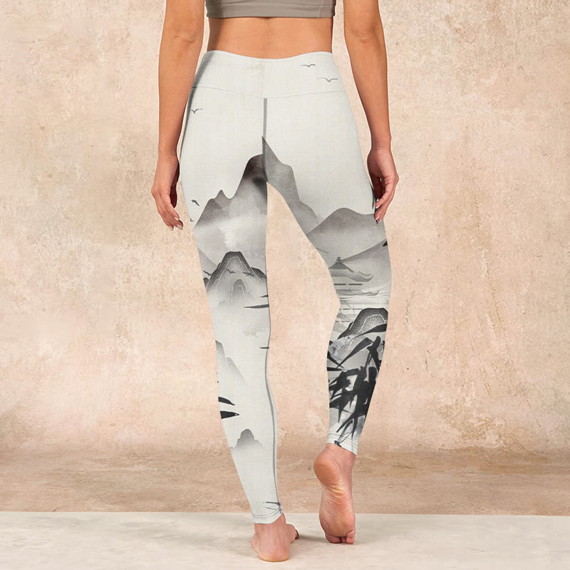 Buddha Stones Ink Bamboo Mountains Print Gym Leggings Women's Yoga Pants - image 14