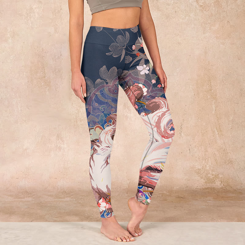 Buddha Stones Fox Cherry Blossoms Gym Leggings Women's Yoga Pants - MidnightBlue - US18，UK/AU22，EU50 (4XL) - image 0