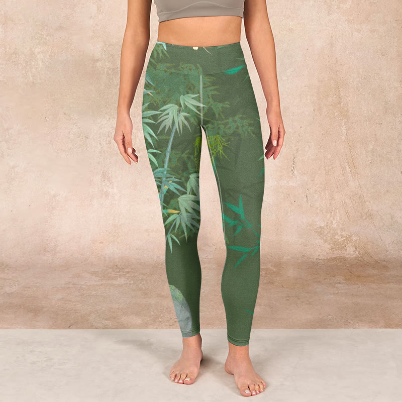 Buddha Stones Green Bamboo Rock Flower Print Gym Leggings Women's Yoga Pants - image 1