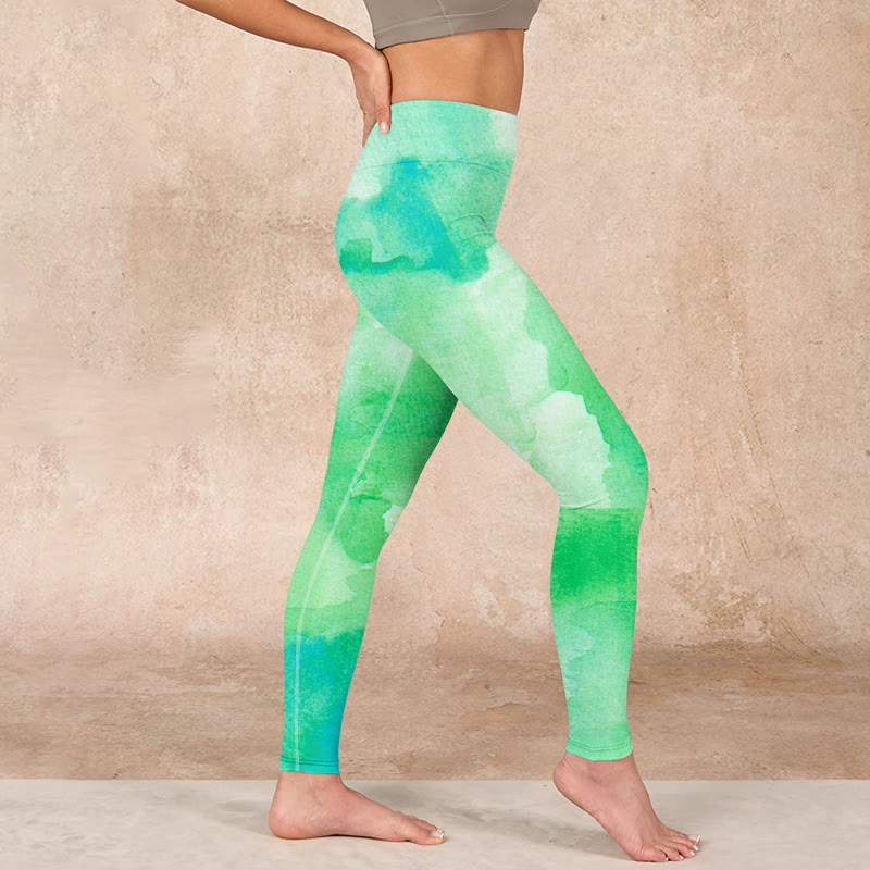 Buddha Stones Green Ink Wash Pattern Gym Leggings Women's Yoga Pants - image 16
