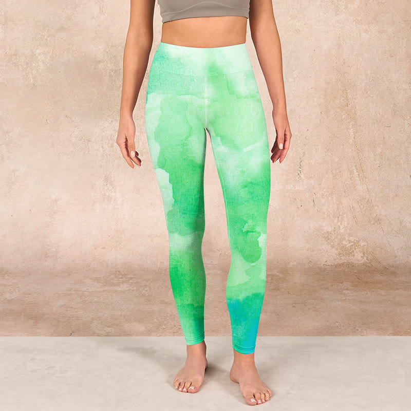 Buddha Stones Green Ink Wash Pattern Gym Leggings Women's Yoga Pants - image 1