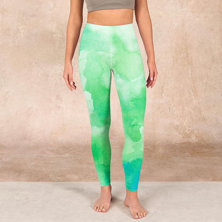 Buddha Stones Green Ink Wash Pattern Gym Leggings Women's Yoga Pants - image 1