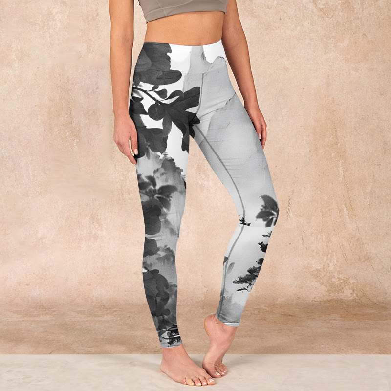 Buddha Stones Ink Painting Trees Mountains Scenery Print Gym Leggings Women's Yoga Pants - WhiteSmoke - US18，UK/AU22，EU50 (4XL) - image 0