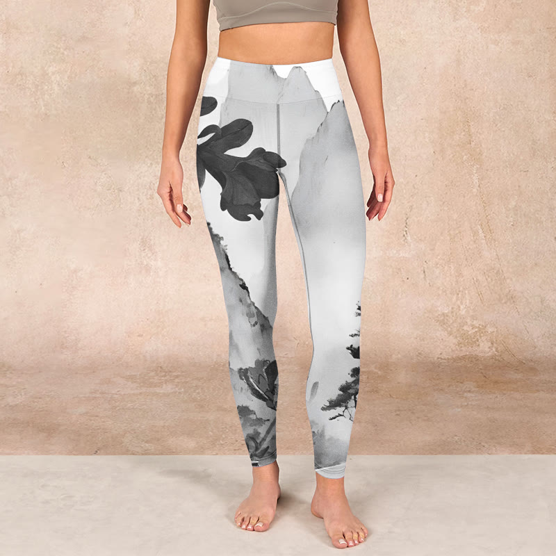 Buddha Stones Ink Painting Trees Mountains Scenery Print Gym Leggings Women's Yoga Pants - image 1
