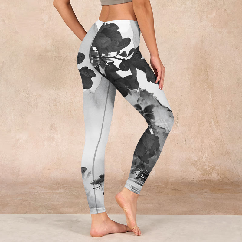 Buddha Stones Ink Painting Trees Mountains Scenery Print Gym Leggings Women's Yoga Pants - image 2