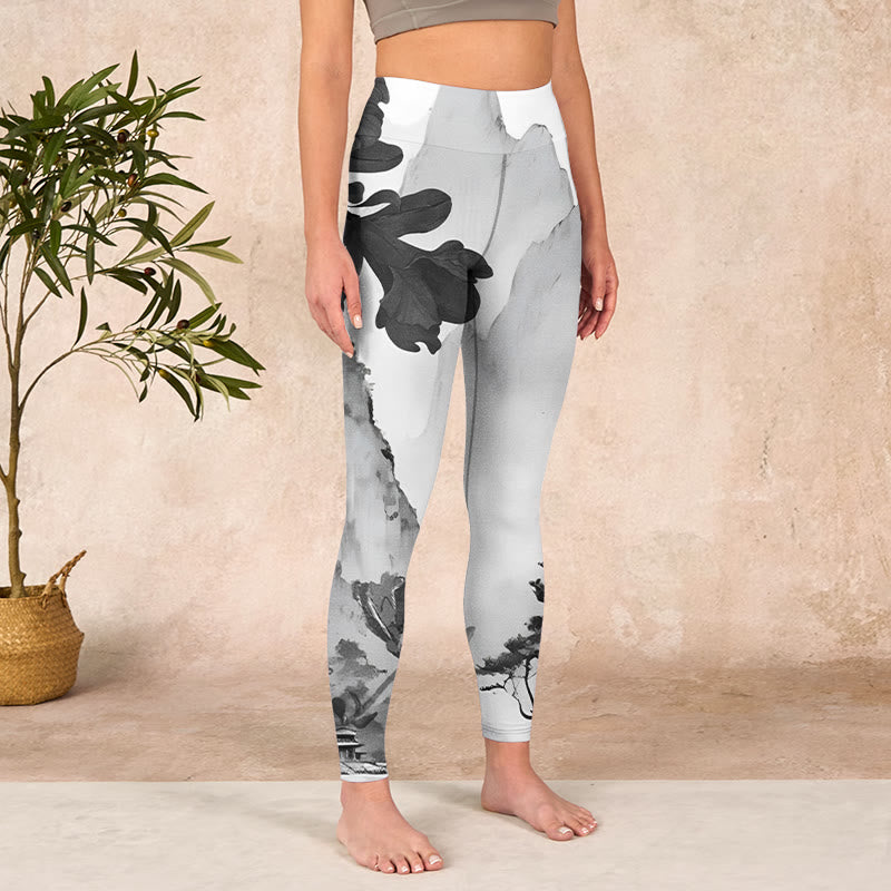 Buddha Stones Ink Painting Trees Mountains Scenery Print Gym Leggings Women's Yoga Pants - image 3