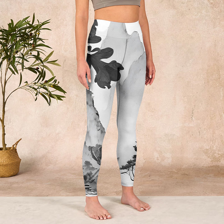 Buddha Stones Ink Painting Trees Mountains Scenery Print Gym Leggings Women's Yoga Pants - image 3