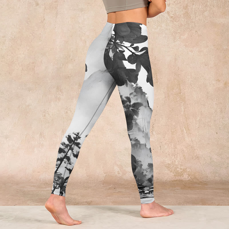 Buddha Stones Ink Painting Trees Mountains Scenery Print Gym Leggings Women's Yoga Pants - image 4